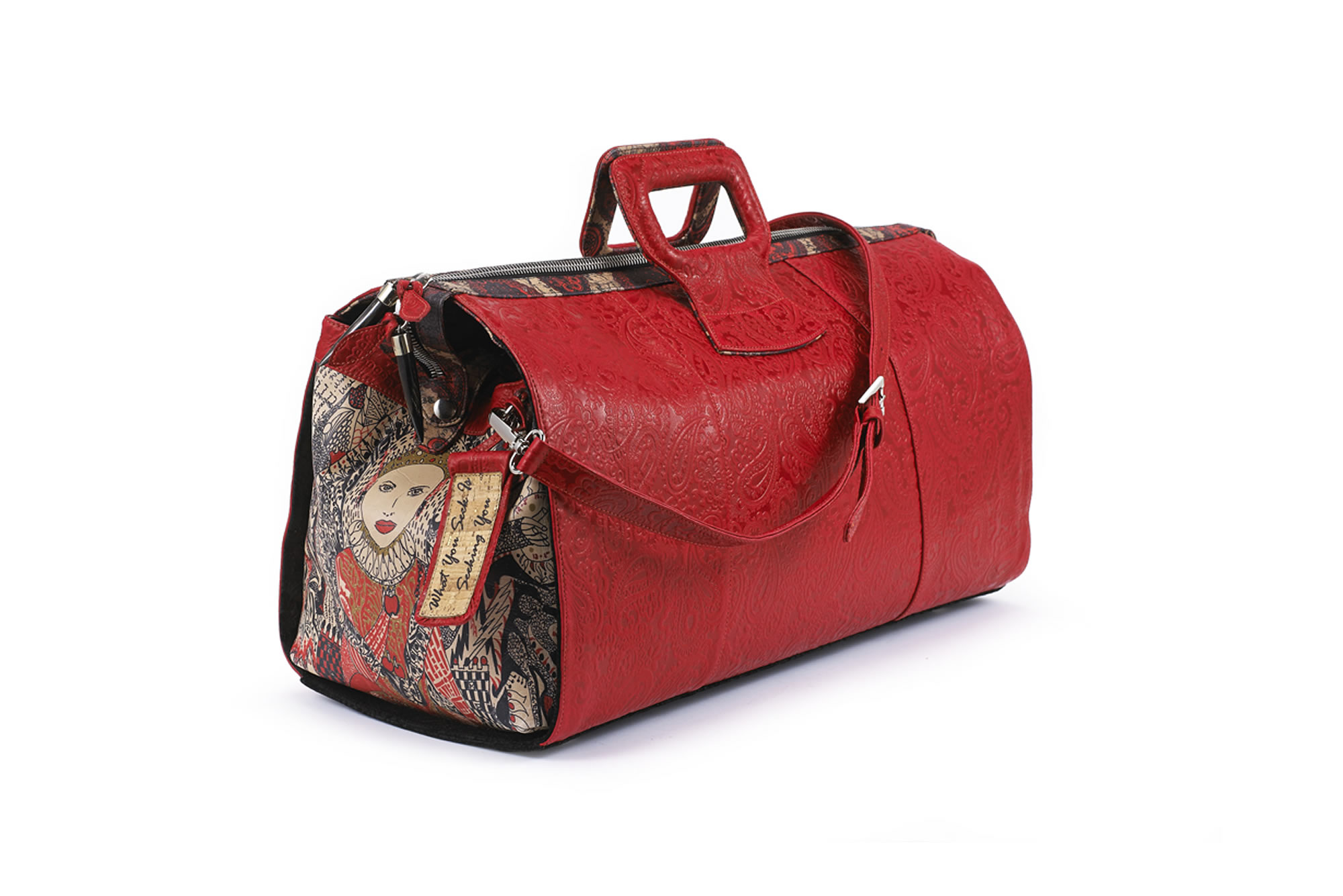 red Fingerprint of Soul Tan Leather duffel hand bag