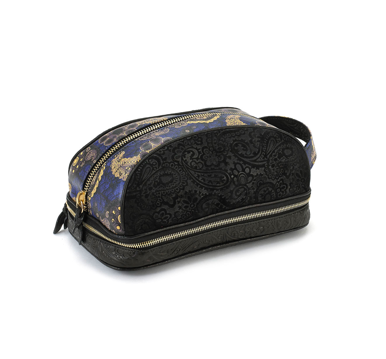 Amenity Black Embossed Suede Blue Paisley Dopp Kit