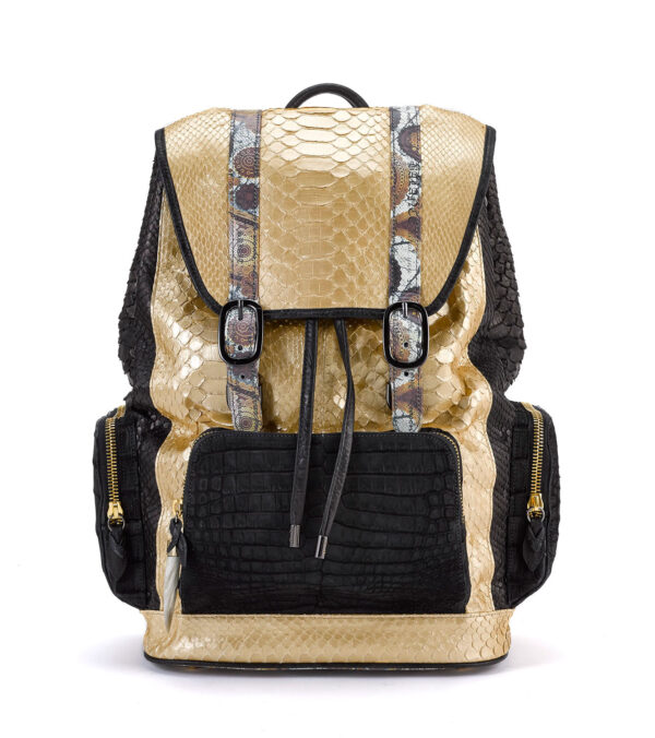 Fingerprint of the Soul Gold Python Black Side Backpack with Croco Pockets