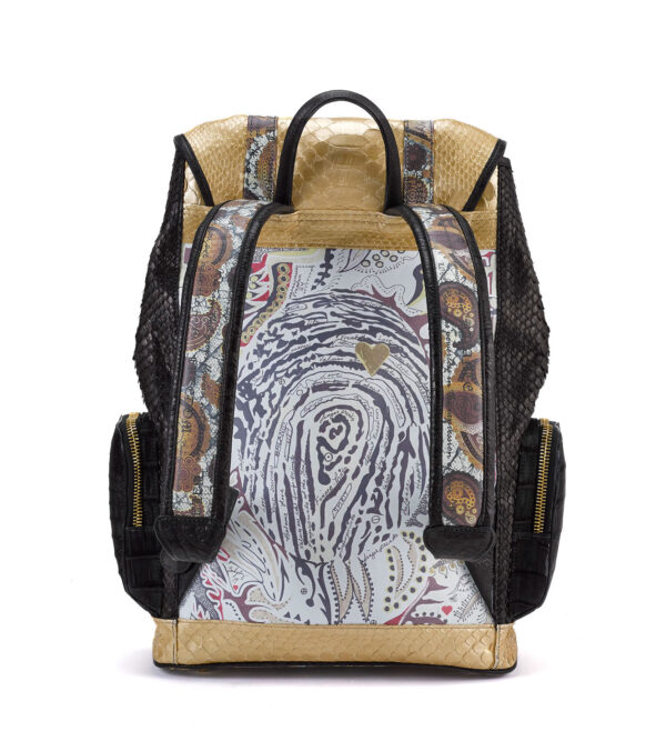 Fingerprint of the Soul Gold Python Black Side Backpack with Croco Pockets