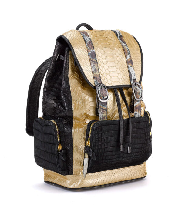 Fingerprint of the Soul Gold Python Black Side Backpack with Croco Pockets