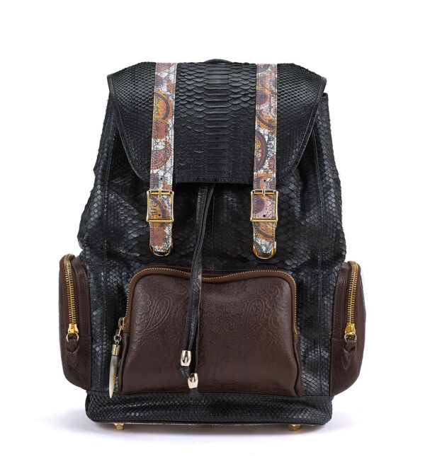 Ganesh Black Python with Brown Leather Pockets Backpack