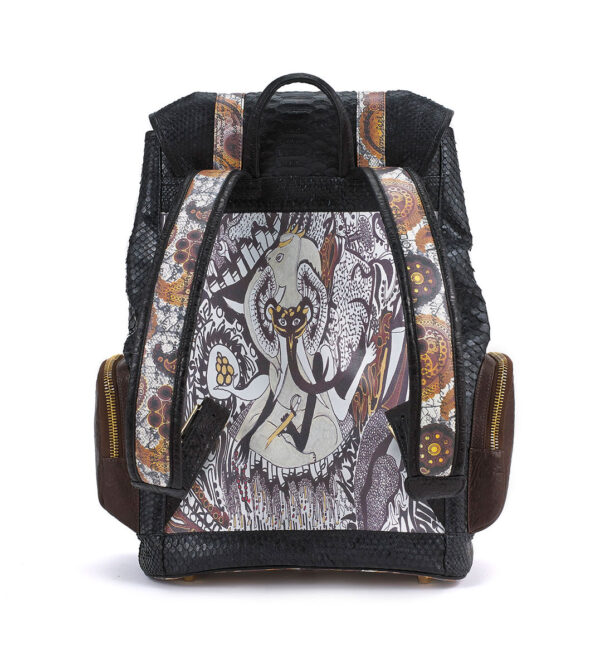 Ganesh Black Python with Brown Leather Pockets Backpack