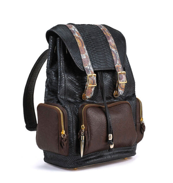 Ganesh Black Python with Brown Leather Pockets Backpack